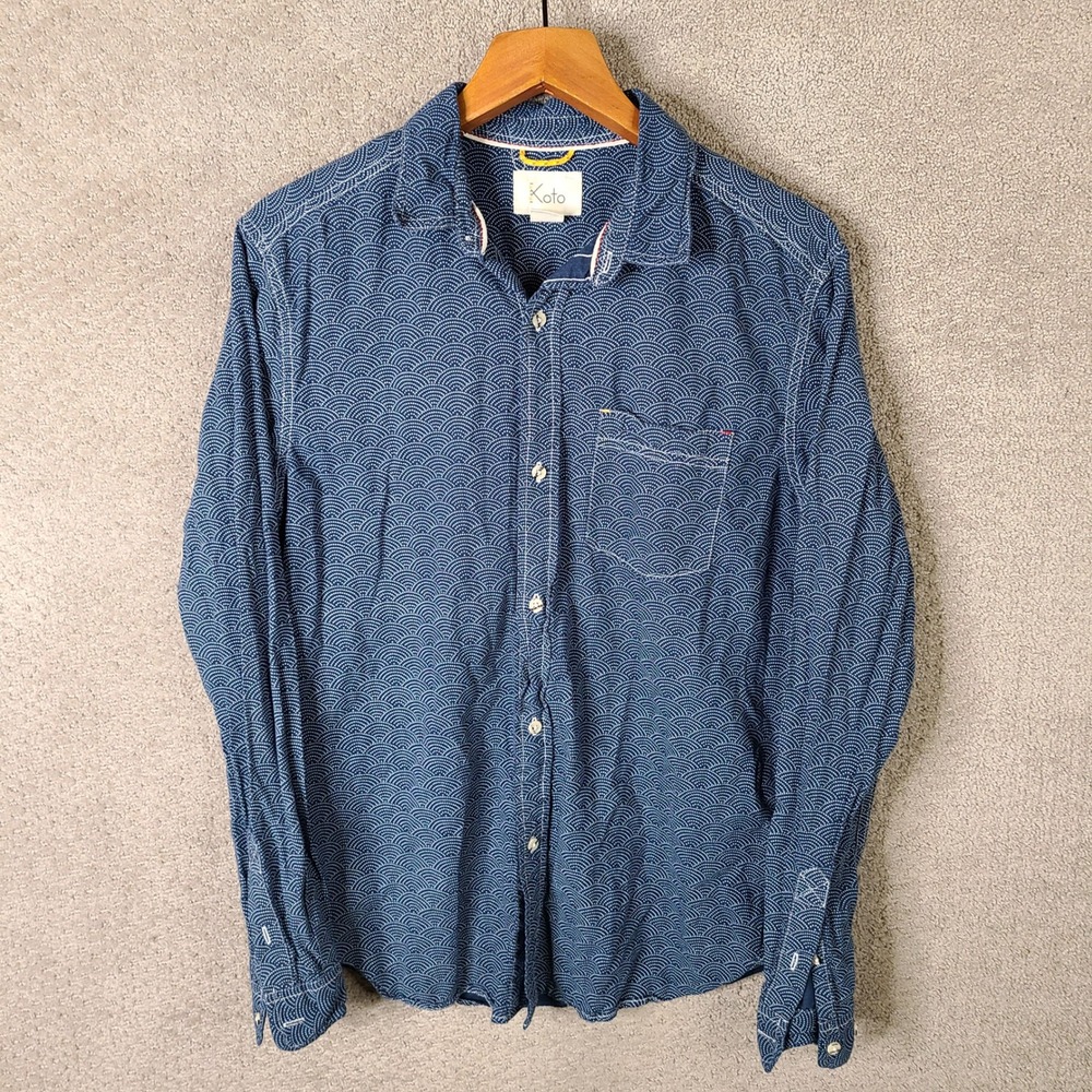 Koto Shirt Mens Medium Blue Seigaiha Wave Pattern Button Down Cotton Casual LS